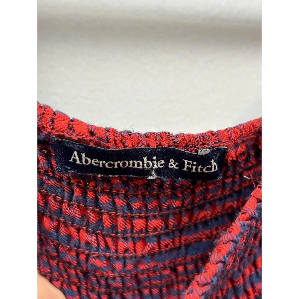 Abercrombie & Fitch Top Womens Medium Red Navy Plaid Smocked Cropped Square Neck